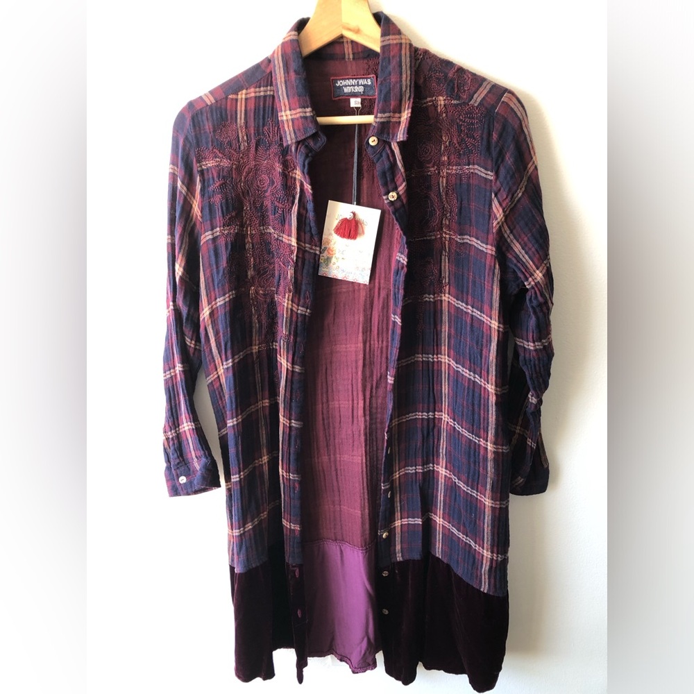 [S] NWT Johnny Was Antonia Velvet Mix Plaid Flannel Shirt Tunic Embroidered